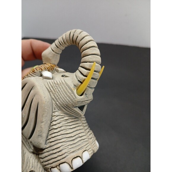 Lucky Elephant Figurine Signed JR | Vintage Folk Art Pottery Trunk Up Tusked - Picture 6 of 8